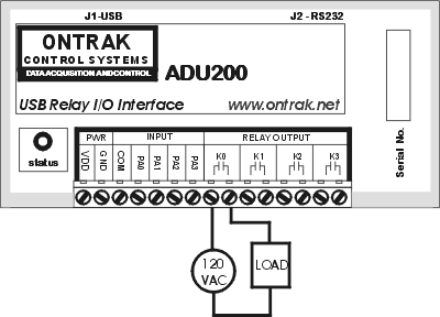 ADU200 USB Relay Module AC Load Connection Diagram